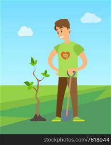 Man planting tree digging soil to plant new birch or oak in city park. Vector ecology worker or gardener with shovel, volunteer worker save nature outdoors. Man Planting Tree Digging Soil to Plant New Birch