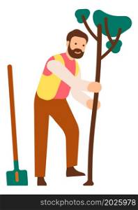 Man planting tree. Volunteer cultivate green environment. Vector illustration. Man planting tree. Volunteer cultivate green environment