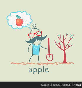 man plants a tree and thinks about the apple