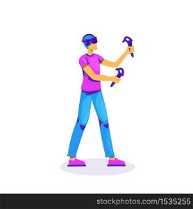 Man play with VR controllers flat color vector faceless character. Male gamer with headset. Virtual reality experience isolated cartoon illustration for web graphic design and animation. Man play with VR controllers flat color vector faceless character