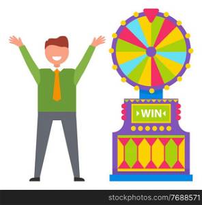 Man player winning roulette game machine, colorful gambling wheel. Happy gambler rising hands, playing fortune equipment, casino element, success vector. Roulette Game machine, Man Winner, Gamble Vector
