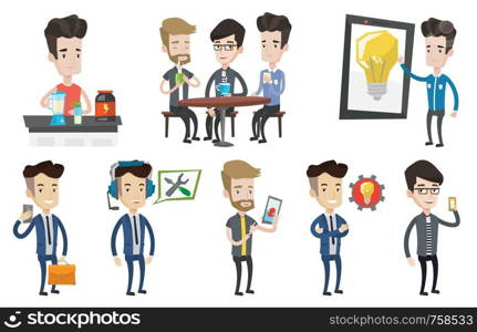 Man playing action game on smartphone. Man using smartphone for playing games. Businessman looking at smartphone and making selfie. Set of vector flat design illustrations isolated on white background. Vector set of people using modern technologies.