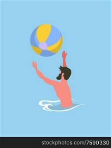 Man playing ball in water, tossing and catching colorful rubber round in stripes. Side view of male with beard, splashing or training in pool vector. Male Playing Ball in Pool, Water Activity Vector