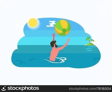 Man playing ball in water, tossing and catching inflatable circle. Bearded male at summer resort, tropical island with palm and endless sea or ocean waters. Man playing ball in water, Sealine, Sun and Island