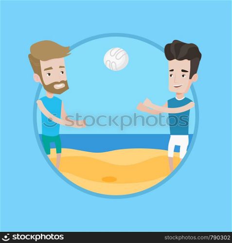Man playing beach volleyball with his friend. Two caucasian men having fun while playing beach volleyball during summer holiday. Vector flat design illustration in the circle isolated on background.. Two men playing beach volleyball.