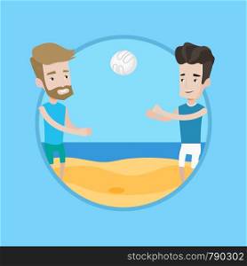 Man playing beach volleyball with his friend. Two caucasian men having fun while playing beach volleyball during summer holiday. Vector flat design illustration in the circle isolated on background.. Two men playing beach volleyball.