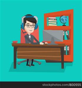Man playing computer game. Businessman during video conference in office. Businessman with headset working on computer. Operator of call centre at work. Vector flat design illustration. Square layout.. Businessman with headset working at office.