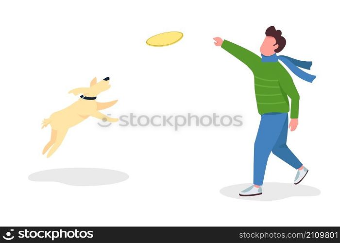 Man playing fetch with dog semi flat color vector character. Two figures. Full body person on white. Autumn activity isolated modern cartoon style illustration for graphic design and animation. Man playing fetch with dog semi flat color vector character