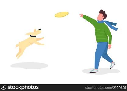 Man playing fetch with dog semi flat color vector character. Two figures. Full body person on white. Autumn activity isolated modern cartoon style illustration for graphic design and animation. Man playing fetch with dog semi flat color vector character
