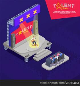Man playing guitar and singing on stage at tv talent show isometric composition 3d vector illustration
