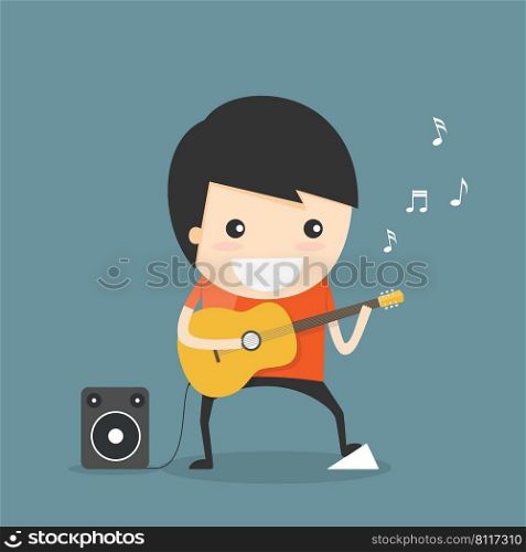 Man playing guitar cartoon character. vector illustration