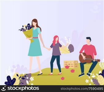 Man playing guitar in park vector, woman with child holding bouquet of flowers and foliage. Man and woman, mother with daughter walking by musician. People Walking in Park Man with Bad Mood Playing