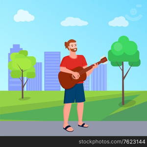 Man playing guitar outdoor, smiling male with instrumental equipment standing in urban park, buildings view. Freedom person guitarist, performer vector. Flat cartoon. Freedom Performer Playing Guitar in Park Vector