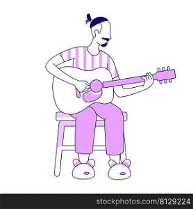 Man playing guitar semi flat color vector character. Sitting figure. Full body person on white. Hobby at home simple cartoon style illustration for web graphic design and animation. Man playing guitar semi flat color vector character