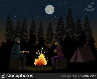 Man playing guitar to woman in front of a campfire with shadows of pine forest and moon in the background.