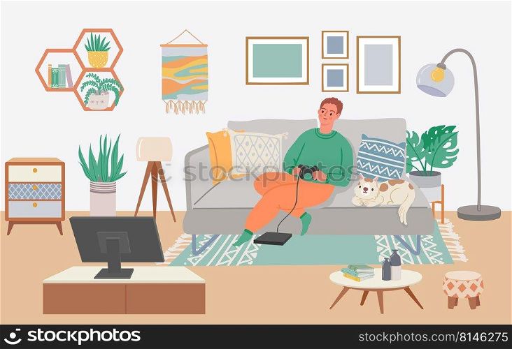 Man playing video game. Boy sitting on sofa with cat playing console at home. Male character holding joystick and watching tv screen. Person entertaining in leisure time vector illustration. Man playing video game. Boy sitting on sofa with cat playing console at home. Male character holding joystick