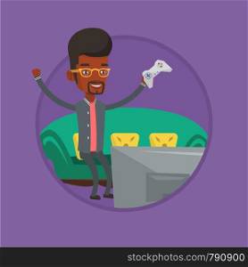 Man playing video game. Man with game console in hands playing video game at home. Man celebrating his victory in video game. Vector flat design illustration in the circle isolated on background.. Man playing video game vector illustration.