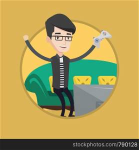 Man playing video game. Man with gaming console in hands playing video game at home. Man celebrating his victory in video game. Vector flat design illustration in the circle isolated on background.. Man playing video game vector illustration.