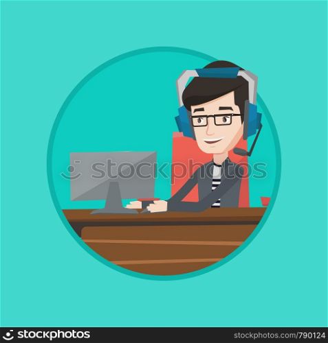 Man playing video game on computer. Businessman during video conference in office. Businessman with headset working on computer. Vector flat design illustration in the circle isolated on background.. Businessman with headset working at office.