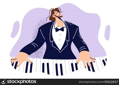 Man plays piano performing classical music on keyboard musical instrument for audience of concert at conservatory. Male composer in tuxedo performs put hands on piano keyboard and closed eyes. Man plays piano performing classical music on keyboard musical instrument for audience of concert