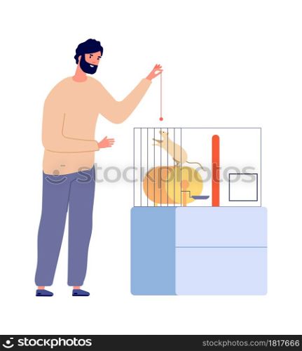 Man plays with rat. Pets, white rodent in cage. Isolated home animal and owner vector illustration. Man play with rodent in cage. Man plays with rat. Pets, white rodent in cage. Isolated home animal and owner vector illustration