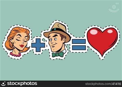 Man plus woman equal love, pop art retro comic book vector illustration. Red heart Valentine. sticker label