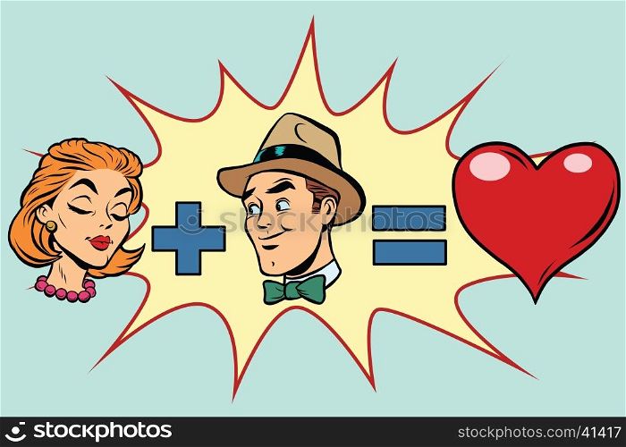 Man plus woman equal love, pop art retro comic book vector illustration. Red heart Valentine