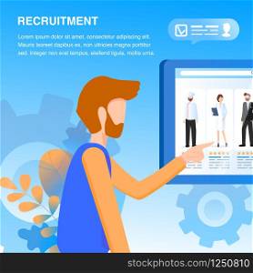 Man Point at Tablet Screen. Recruitment Service. Various Occupation Character. Male Human Resource Manager Select Professional Employee Online. Modern Device. Flat Cartoon Vector Illustration. Man Point at Tablet Screen. Recruitment Service