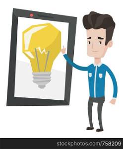 Man pointing at a big tablet computer with idea light bulb on a screen. Businessman working on a new business idea. Business idea concept. Vector flat design illustration isolated on white background.. Man pointing at big tablet computer.