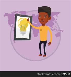 Man pointing at big tablet computer with idea bulb on a screen. Businessman working on a new business idea. Business idea concept. Vector flat design illustration in the circle isolated on background.. Man pointing at big tablet computer.