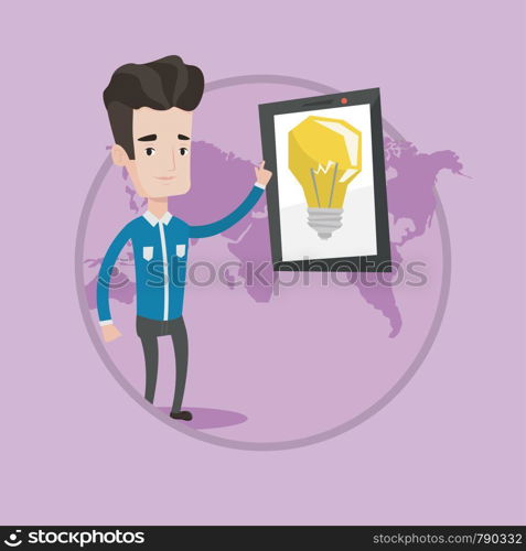 Man pointing at big tablet computer with idea bulb on a screen. Businessman working on a new business idea. Business idea concept. Vector flat design illustration in the circle isolated on background.. Man pointing at big tablet computer.