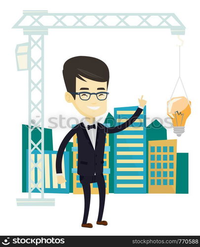 Man pointing at idea light bulb hanging on crane. Architect having excellent idea in town planning. Concept of new ideas in architecture. Vector flat design illustration isolated on white background.. Man pointing at idea bulb hanging on crane.