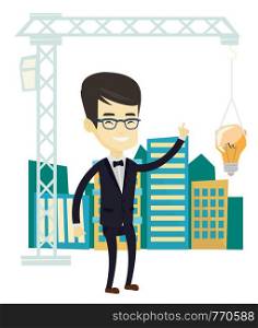 Man pointing at idea light bulb hanging on crane. Architect having excellent idea in town planning. Concept of new ideas in architecture. Vector flat design illustration isolated on white background.. Man pointing at idea bulb hanging on crane.