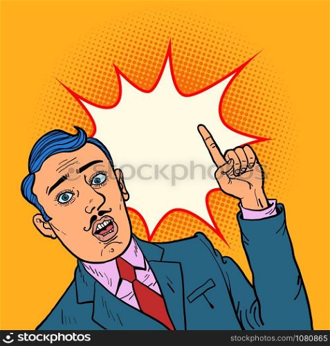 man points finger illustration. Comic cartoon pop art retro vector illustration drawing. man points finger illustration