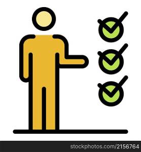 Man points to checkboxes icon. Outline man points to checkboxes vector icon color flat isolated. Man points to checkboxes icon color outline vector