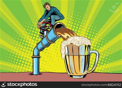 Man pours beer. Pop art retro comic book vector illustration. Oktoberfest pub. Man pours beer