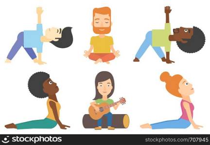 Man practicing yoga upward dog pose. Woman meditating in yoga upward dog position. Man doing yoga. Man sitting in yoga lotus pose. Set of vector flat design illustrations isolated on white background.. Vector set of tourists and people practicing yoga.