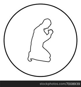 Man pray on his knees silhouette icon black color outline vector illustration flat style simple image in circle round