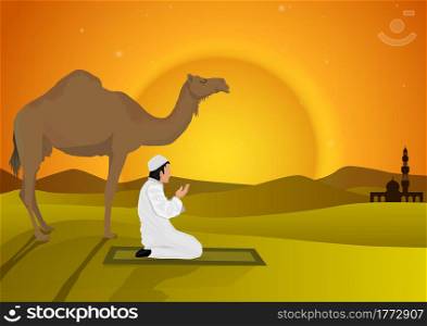 man praying and camel with sunset background