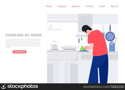 Man prepare meal in the kitchen. Cooking at home, stay at home concept. Landing page digital screen website vector illustration