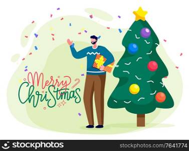 Man preparing fir for holiday celebration. Traditional winter decoration on tree like colorful xmas balls and garland. Merry christmas, greeting with holiday. Vector illustration in flat style. Man Preparing Fir Tree for Xmas, Merry Christmas