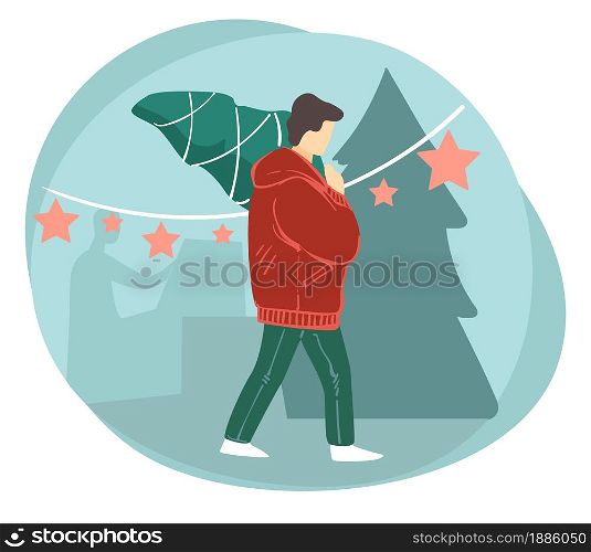 Man preparing for christmas holidays, carrying bought pine tree. Xmas and new year winter holidays celebration. Male character returning home from shopping, street with xmas decor, vector in flat. Male character carrying pine tree for christmas
