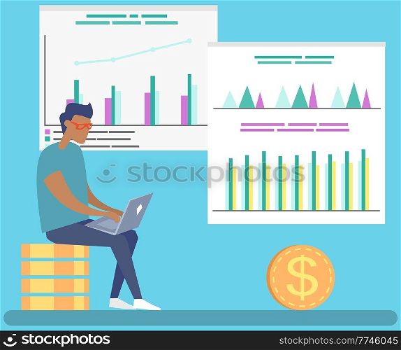 Man preparing to submit financial report. Character sitting with laptop near board with charts. Male presenting poster with data and information in visual form. Page with diagram and indicators. Man preparing to submit financial report. Character sitting with laptop near board with charts