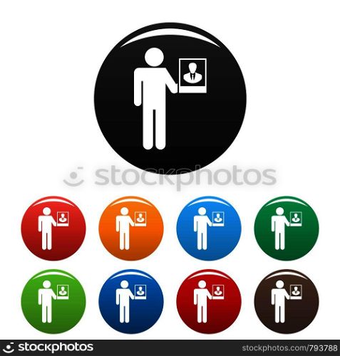 Man present candidate icons set 9 color vector isolated on white for any design. Man present candidate icons set color