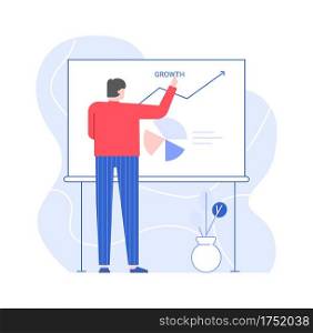 Man presentation chart development on white board. Illustration business chart presentation, development marketing diagram growth. Man presentation chart development on white board