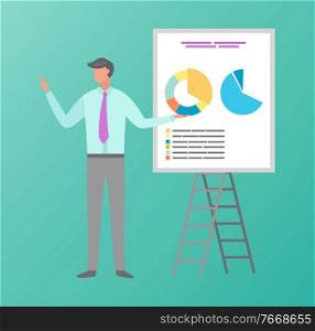 Man presenting circle diagram on board, statistics and report of strategy. Worker showing colorful charts on presentation, full-length of male vector. Worker Showing Circle Diagrams on Board Vector
