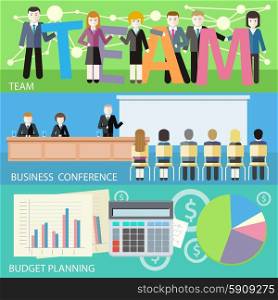 Man presenting development and financial planning on meeting conference. Product presentation. Search for investors concept. Business plan concept icons in flat style. Budget planning concept. Team work