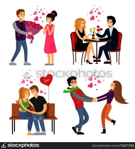 Man presenting luxury bouquet of flowers to woman, couple in restaurant, lovers hugging on bench, holding hands vector cartoon characters isolated set. Man Presenting Luxury Bouquet of Flowers to Woman