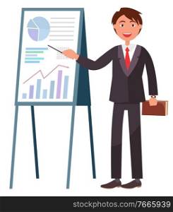 Man presenting new business concept vector, isolated man with case. Person wearing suit and tie pointing on board, charts and analysis of information. Infocharts on Board Whiteboard Presentation Vector