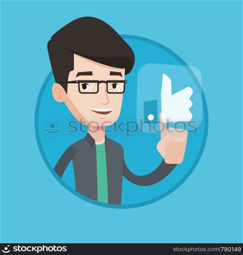 Man pressing like button. Man pressing social like button with thumb up. Caucasian smiling man pressing social network button. Vector flat design illustration in the circle isolated on background.. Man pressing like button vector illustration.